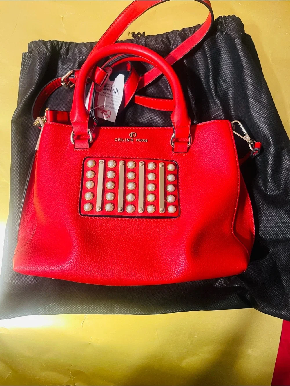 CÉLINE DION Red Pearl-Embellished Leather Satchel